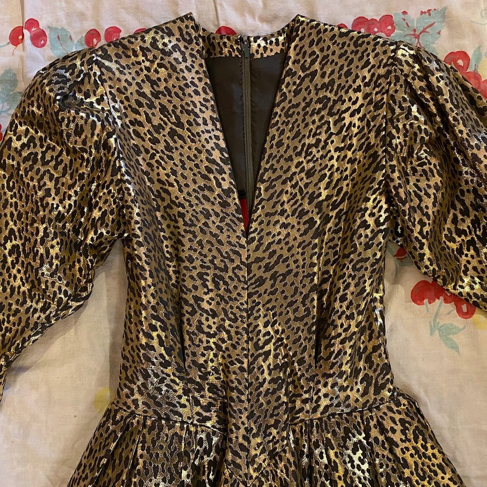 Vintage 1970s 1980s Pauline Trigere Metallic Gold Leopard Print Brocade Dress